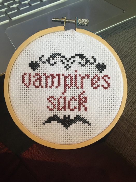vampire bat cross stitch needlepoint embroidery hoop by Aspasia S. Bissas